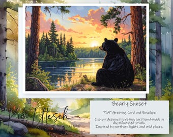 Bearly Sunset. Custom Designed, Handmade 5x7 Greeting Card.