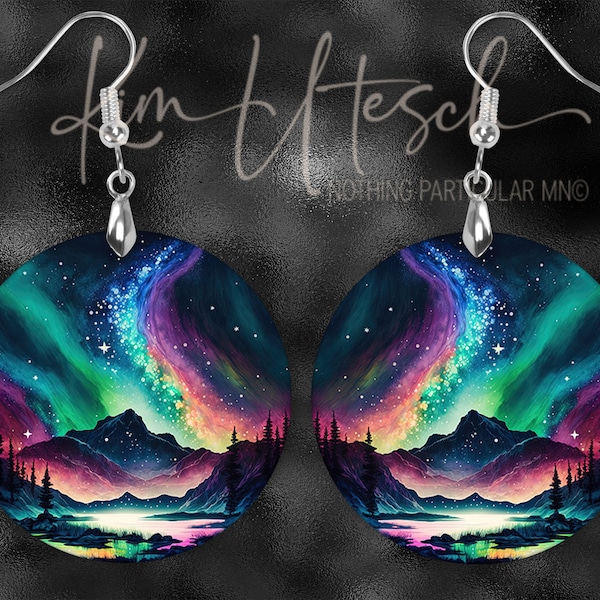 Northern Lights, Forest and Mountains Night Sky, Style Three. Custom Designed, Handmade Earrings