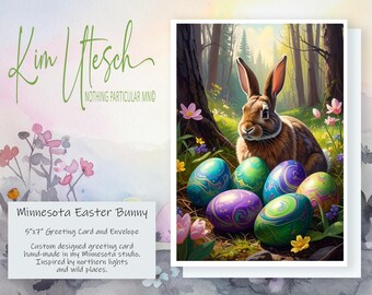 Aurora Bunny — A Little Easter Magic in the Northwoods. Handmade 5x7 Greeting Card.