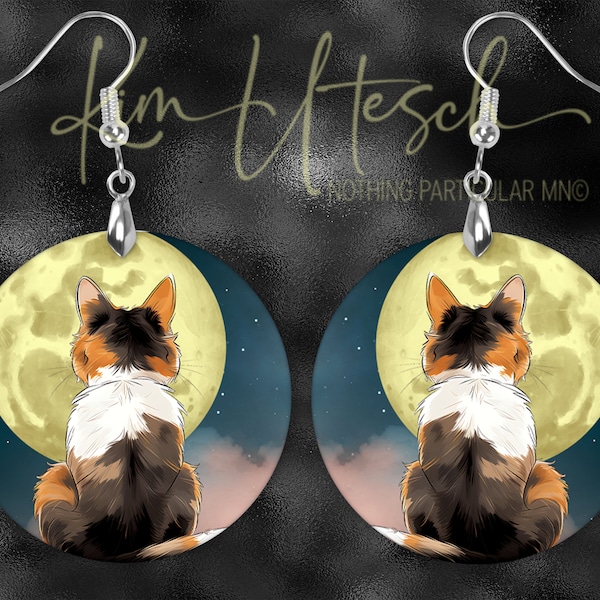 Blame it on the Moon. A Japanese Bobtail Cat Gazing at the Full Moon.  Custom Designed, Handmade Earrings.