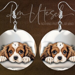 Cavalier King Charles Spaniel Snuggly Puppy Tucked in for the Night and Peeking out of the Blankets. Custom Designed, Handmade Earrings.