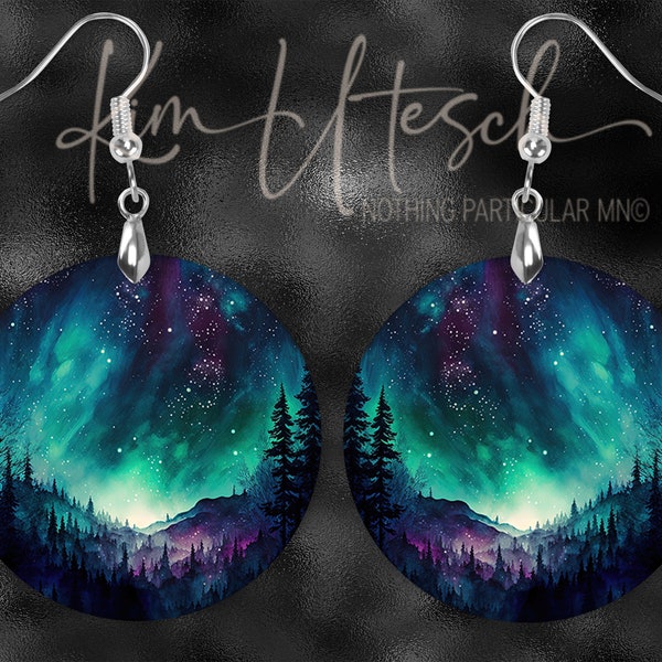Northern Lights, Forest and Mountains Night Sky, Style Two. Custom Designed, Handmade Earrings