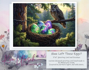 Aurora Sentinel — An Owl Watching Over a Nest of Glowing Eggs. Handmade 5x7 Greeting Card.