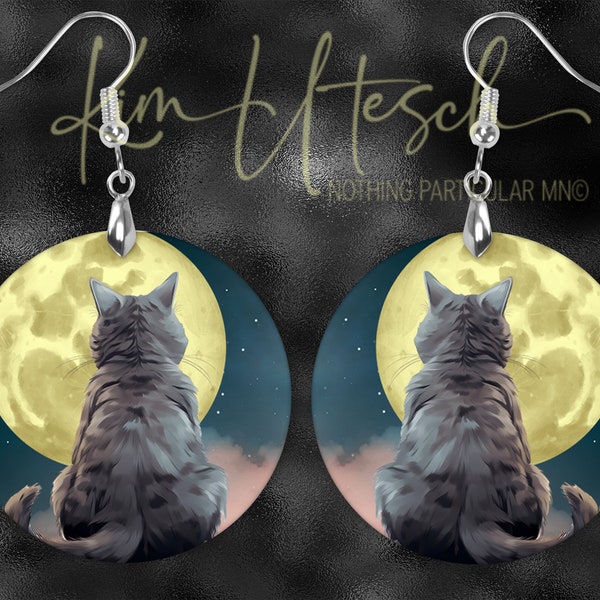 Blame it on the Moon. A Chartreux Cat Gazing at the Full Moon.  Custom Designed, Handmade Earrings.