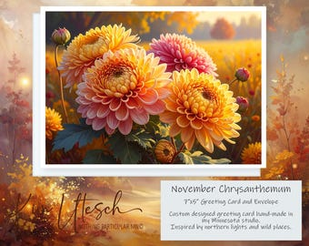 November Chrysanthemum — A Bloom of Autumn Light. Handmade 5x7 Greeting Card.
