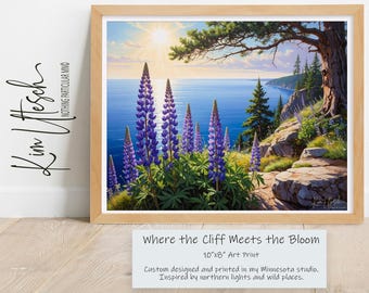 Where the Cliff Meets the Bloom - Lupine Flowers. Custom Designed 8x10 Art Print.