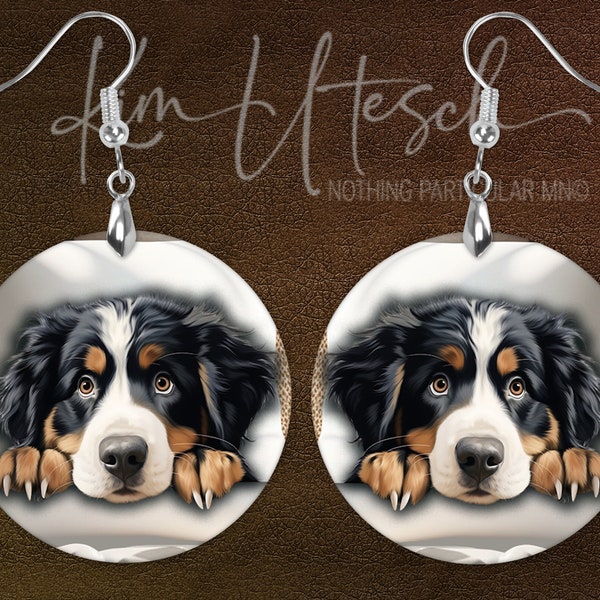 Bernese Mountain Dog Snuggly Puppy Tucked in for the Night and Peeking out of the Blankets. Custom Designed, Handmade Earrings.