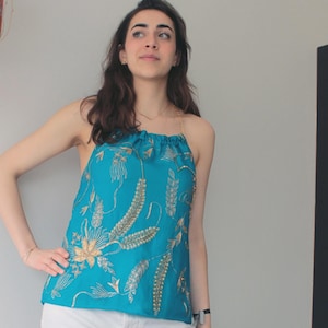 embroidered duck blue silk crop top, bohemian sleeveless crepe top, music festival top with gold chain, designer vintage silk blouse