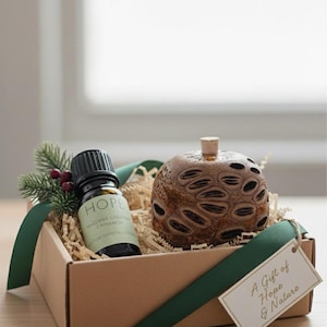 May include: A gift set presented in a cardboard box, tied with a green ribbon. The set contains a bottle of essential oil labelled "HOPE", a decorative pod, and a tag reading "A Gift of Hope & Nature". The box is filled with paper.