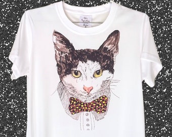 Women's Shirts, Gift for Cat Lover, Gift for Mom, Cat Shirt, Mother's Day Gift, Shirt With Cat Wearing Bow Tie, Alexander Shirt