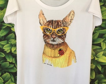 Women's Shirts, Gift for Her, Cat Lover shirt, Gift for Woman, Cute Cat Shirt, Shirt with Cat, Whimsical Cat, Shirt with Cat Wearing Glasses