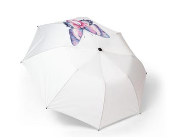 水彩ピンクの蝶の傘 | 折りたたみ式レインパラソル