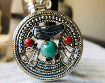 925 Sterling Silver Coral Turquoise Freshwater Pearl Bohemian Pendant Handmade