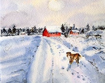 Original Mini Aquarelle peinture-Paysage urbain-Paysage-Hiver- 5x7 pouces-Et Impression de Original-Winter Walk with Dog