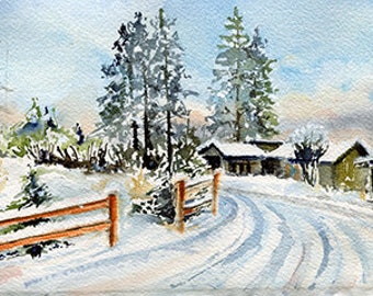 Original Mini Aquarelle-Paysage urbain-Paysage-Hiver- 5x7 pouces-Et Impression de Original-Kelowna Winter Mood