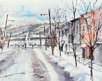 Bernard Avenue Wonderland- Kelowna-aquarelle originale et gravures-paysage-monde orange-aquarelle-Okanagan Canada-hiver