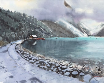 Lake Louise-aquarelle originale-paysage du Canada-oeuvre d'art d'hiver- oeuvre d'art murale