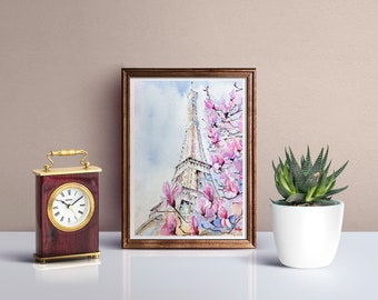 Printemps à Paris, Gravure à l’aquarelle originale, Impression d’art, Aquarelle Paysage urbain, Décoration d’art, Aquarelle Magnolia, Tour Eiffel, Affiche