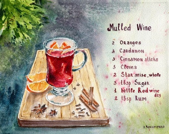 Vin chaud - Gluhwein-boissons de Noël - art de la cuisine-illustration aquarelle-cadeaux pour la maison-peinture originale-impression d'art