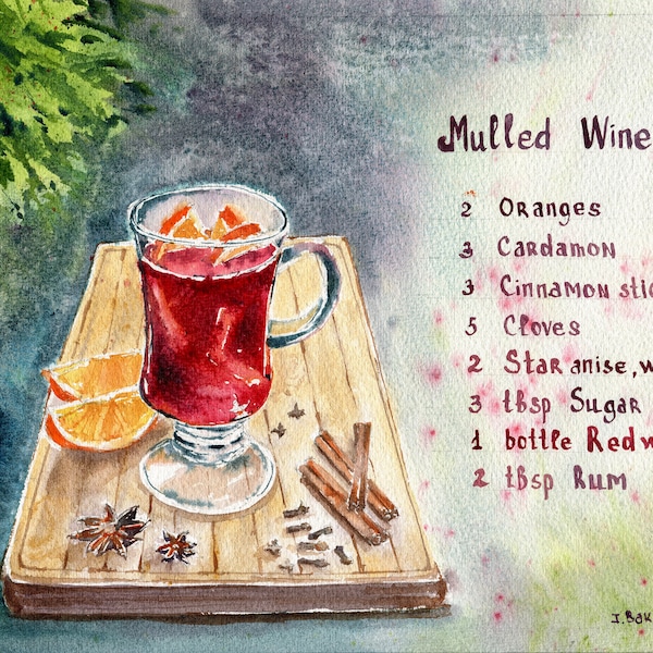 Vin chaud - Gluhwein-boissons de Noël - art de la cuisine-illustration aquarelle-cadeaux pour la maison-peinture originale-impression d'art