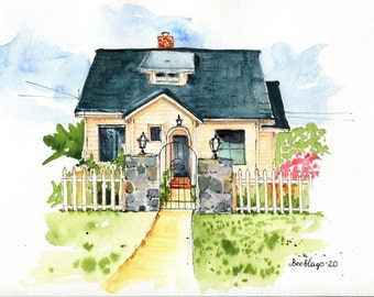 Portrait de maison peint à la main -Aquarelle Portrait de maison-Cadeau de pendaison de crémaillère personnalisé-Premier cadeau de maison-Cadeau d’agent immobilier-Aquarelle originale