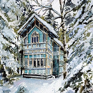 Gravure aquarelle-Paysage urbain-Paysage-Hiver 5x7 pouces-Et Impression dOriginal-Turquoise Old House on Winter image 1