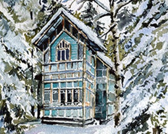 Gravure aquarelle-Paysage urbain-Paysage-Hiver- 5x7 pouces-Et Impression d’Original-Turquoise Old House on Winter