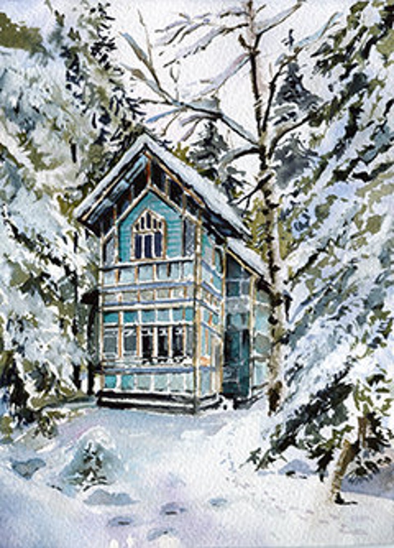 Gravure aquarelle-Paysage urbain-Paysage-Hiver 5x7 pouces-Et Impression dOriginal-Turquoise Old House on Winter image 1