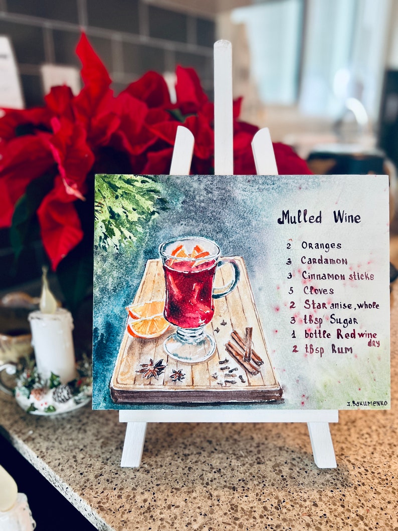 Vin chaud Gluhwein-boissons de Noël art de la cuisine-illustration aquarelle-cadeaux pour la maison-peinture originale-impression d'art image 2