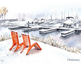 Winter Bliss - Kelowna-aquarelle peinture originale et estampes-paysage -Monde orange - aquarelle art-Okanagan Canada-hiver