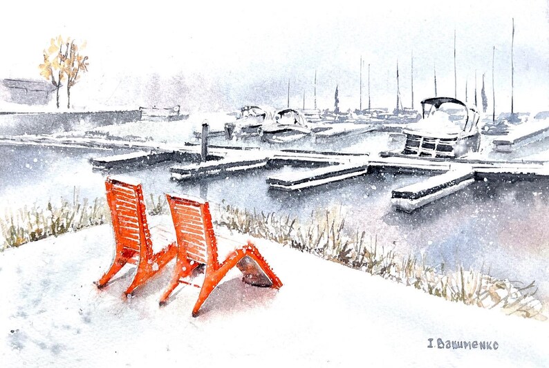 Winter Bliss Kelowna-watercolour painting original and prints-landscape Orange world watercolor art-Okanagan Canada-Winter image 1