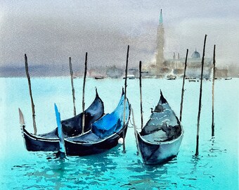 Art original-peinture à l'aquarelle-Venise dans l'art-villes européennes-peint à la main beaux-arts-cadeau de pendaison de crémaillère-paysage urbain d'Italie-eau turquoise