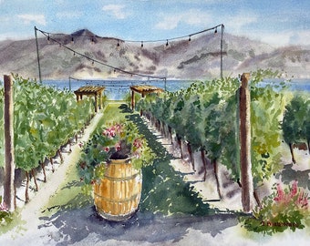 Winery Quails’Gate Kelowna- aquarelle peinture originale et estampes-paysage -peinture vinicole-aquarelle-Okanagan Canada-Vin