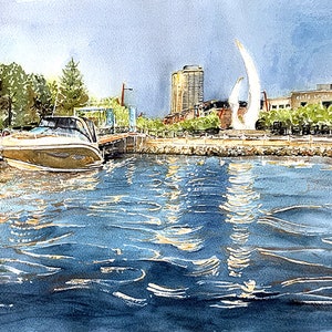 Marine Boat Pier Schilderij-Originele Aquarel-Kelowna British Columbia Cityscape-Zeilboot en jacht artwork-Seascape Wall Art-Marine-Lake afbeelding 1