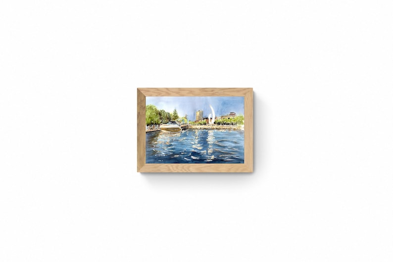 Marine Boat Pier Schilderij-Originele Aquarel-Kelowna British Columbia Cityscape-Zeilboot en jacht artwork-Seascape Wall Art-Marine-Lake afbeelding 7