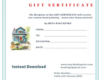 GIFT CERTIFICATE for HAND painting - Custom Watercolor House Portrait- Instant Download- Digital Print- Houswarming- Watercolour