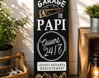 Pancarte garage papi en bois – Garage de Papi ouvert 24/7 – Cadeau grand-papa bricoleur – Décoration atelier rustique – Plaque humoristiqué’