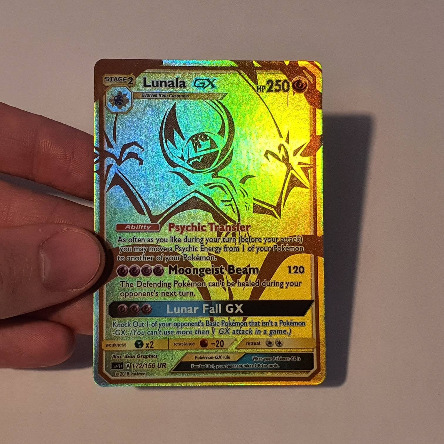Lunala GX Gold HOLOGRAPHIC Custom Made Pokemon Card 
