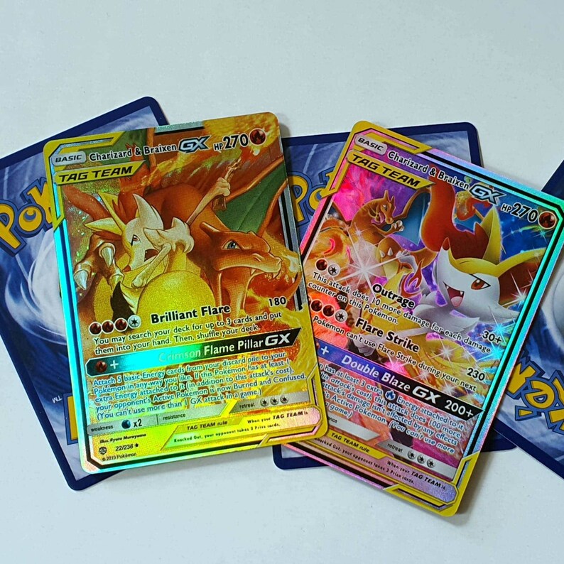 Charizard Reshiram Braixen HOLOGRAPHIC Tag Team GX Rainbow | Etsy