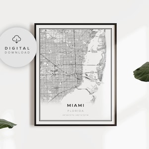 Miami Map Print, Florida FL USA Map Art Poster, Printable city street road map, Printable office, cadeau voor papa, NP190