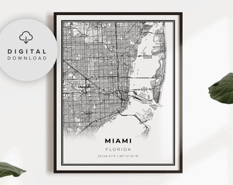 Miami Map Print, Florida FL USA Map Art Poster, Printable city street road map, Printable office, gift for papa, NP190