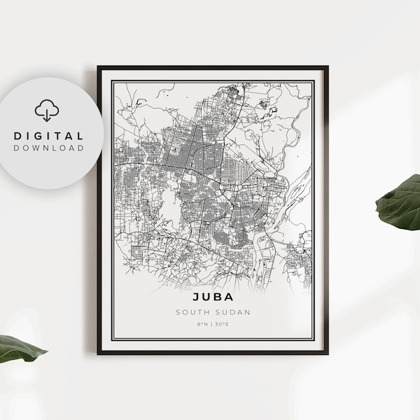 Juba Kaart Print, Zuid-Soedan Kaart Art Poster, Jubek White Nile Afrika, Afdrukbare stad straat routekaart, Digitale kaart, NP890