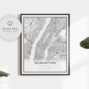 Manhattan Map Print, New York City NYC NY USA Map Art Poster, Printable city street road map, printable gift idea, NP236