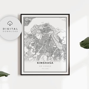 Kinshasa Map Print, DR Congo Map Art Poster, Printable city street road map, City map download, gift coordinates, NP599