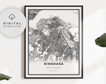 Kinshasa Map Print, DR Congo Map Art Poster, Printable city street road map, City map download, gift coordinates, NP599