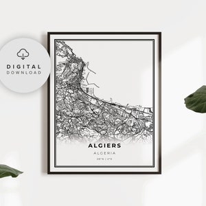 Impressão do mapa de Argel, pôster de arte do mapa da Argélia, Argel, mapa de ruas da cidade para impressão, mapa da cidade para impressão, NP864