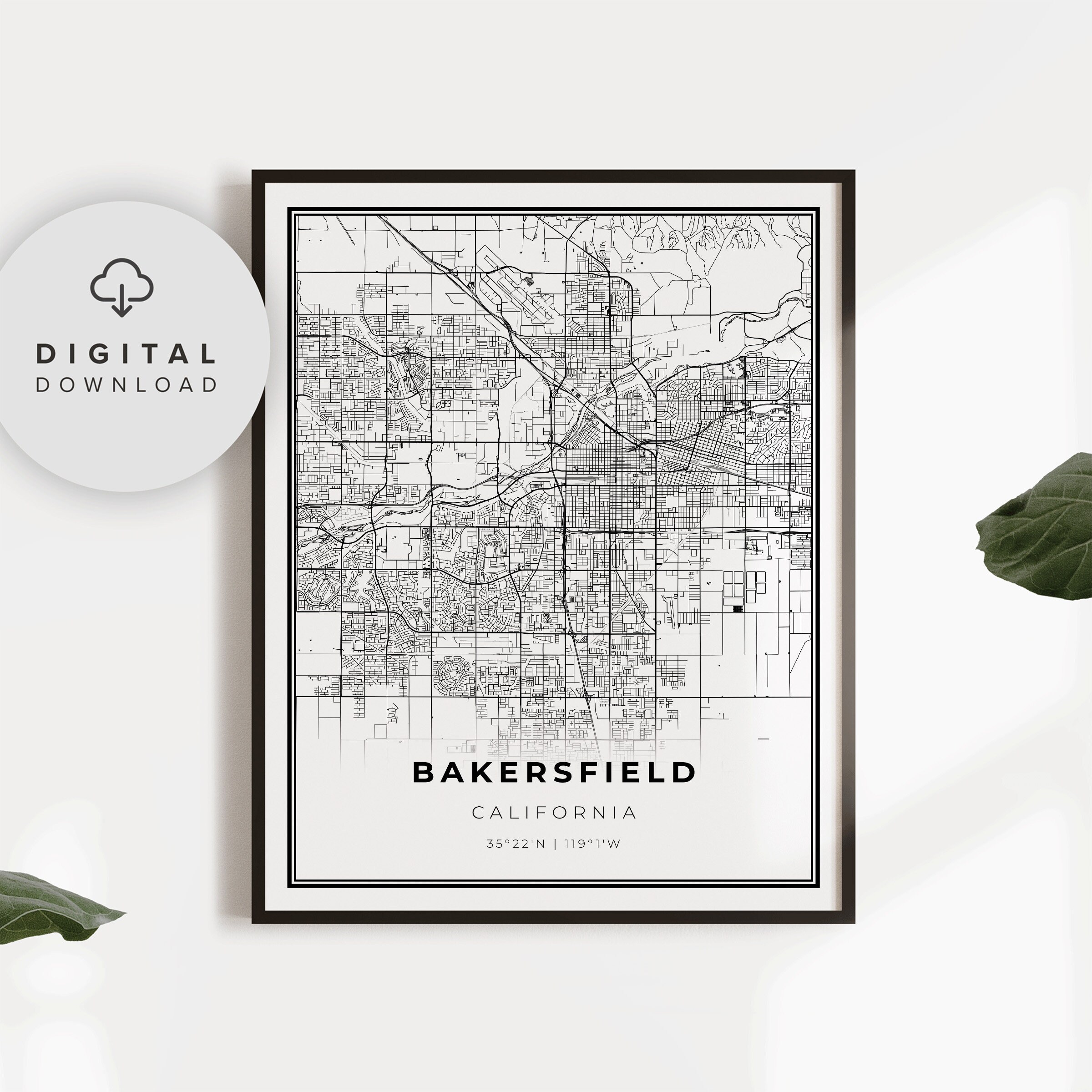 Bakersfield Map Print, California CA USA Map Art Poster, Printable city street road map, Digital city map, NP147