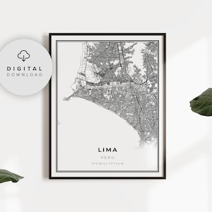 Lima Map Print, Peru Map Art Poster, Printable city street road map, downloadable wall, hometown poster, NP755