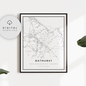 Puede incluir: Un mapa en blanco y negro de Bathurst, Nuevo Brunswick, Canadá. El mapa muestra las calles, las vías fluviales y las áreas circundantes de la ciudad. El texto "Bathurst, Nuevo Brunswick, Canadá" y "47.62°N | 65.65°W" está impreso debajo del mapa.