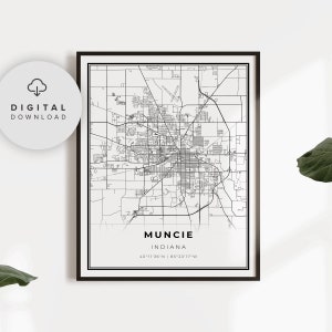 Muncie-kaartafdruk, Indiana IN VS kaartkunstposter, afdrukbare stratenplan stad, afdrukbaar cadeau moeder, cadeau oma, NP173